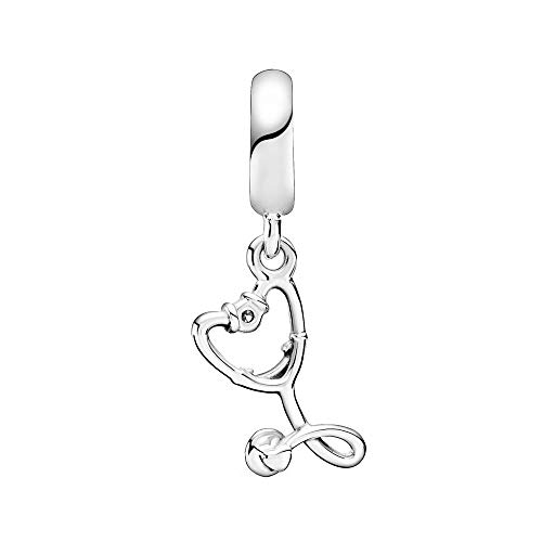 Stethoscope Heart Dangle Charm Sterling Silver Heartbeat Bead fit European Bracelet Necklace2
