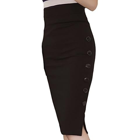 TEERFU Womens Slim Pencil Skirt Bodycon Stretch High Wiast Knee Length Skirt, Black, UK 12-14 (Asia size tag XL) Waist 29.9 inch Cover