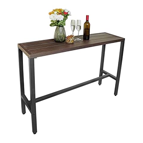 MEOOEM Outdoor Counter Height Bar Table Wood-Like Metal Tabletop Patio Side Dining Table for Pub Garden Kitchen Dining Room Hallway, Black Metal Frame Cover