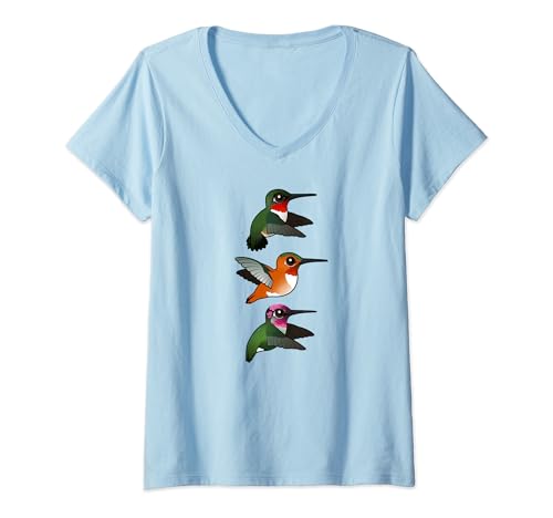 Womens Cute Cartoon Hummingbirds In Flight Ruby, Rufous, Anna's V-Neck T-Shirt