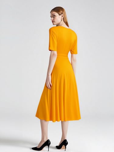 Image of Comfortable Dresses for Women Stretchy Flattering Fit Wrap Dress V Neck Short Sleeve Tie Waist Daily Wear Work Vacation