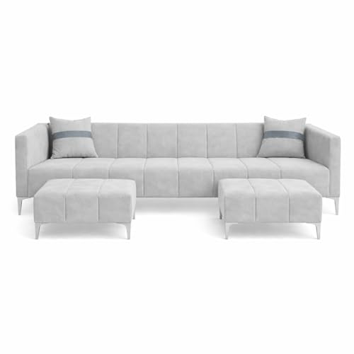 Image of Solomon 6 Seater L Shape Sofa Set with 2 Movable Ottoman | Flexible Left or Right Layout | Luxe Velvet Suede Fabric | Comfortable Seating | Modern Sofa for Living Room - Light Grey