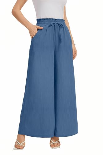Image of KICZOY Women Flowy Pants Drawstring Waist Wide Leg Palazzo Beach Pants Loose Fit with Pockets