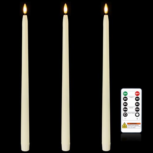 Image of Homemory 15 inches Real Wax Flameless Taper Candles with Remote Timer, 3 Pcs Ivory LED Taper Candles Battery Operated with 3D Flickering Flame, Window Candle Led Candlesticks for Dinners Home Decor