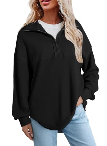 SHEWIN Womens Sweatshirts Casual Waffle Knit Tops Half Zip Pullover Long Sleeve Shirts Quarter Zip Trendy Fall Outfits Oversized Clothes 2025 XX-Large Black
