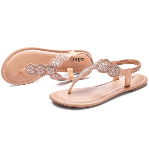 Veittes Women's Bohemian Bling Flat Slide Sandals - Casual Summer Thong Sandals with Rhinestone Decor, Rubber Sole, Lightweight & Comfortable Ankle StrapThong Summer Sandals.2