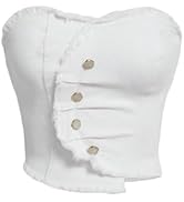BEAUDRM Women's Asymmetrical Hem Raw Trim Strapless Denim Tube Top Sleeveless Button Front Pleate...