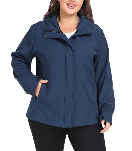 wantdo Women's Lightweight Softshell Jackets Waterproof Jacket With Hood (Dark Blue, 3X)