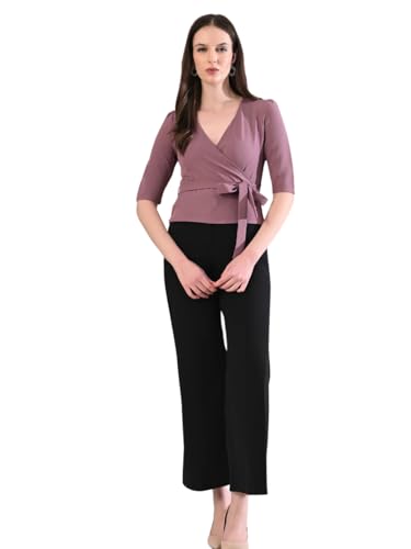 Image of Elegant Wrap Blouse for Women - Deep Neck Knot Design, Slim Fit Crop Style, Classy & Trendy Chic Fashionable Outfit for Casual