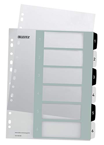 Leitz Register für A4+, 20er Pack, PC-beschriftbares Deckblatt und 6 Trennblätter, Taben mit Zahlenaufdruck 1-6, Überbreite, Weiß/Schwarz, Polypropylen, WOW, 12140000