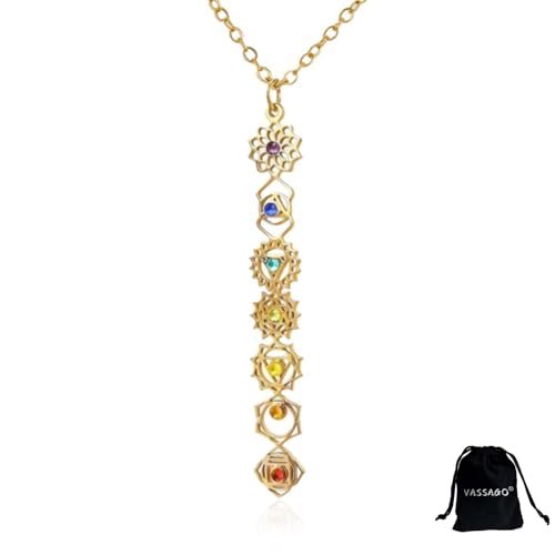 VASSAGO 7 Chakra Necklace for Women, Stainless Steel, Gold