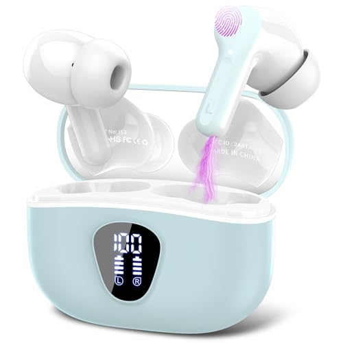 Wireless Earbuds, Bluetooth 5.3 Headphones with 4 ENC Noise Cancelling Mic, Bluetooth Earbuds 40H Playtime , Wireless Headphones in ear Earphones Bass Stereo, LED Display, IP7 Waterproof, Light Cyan