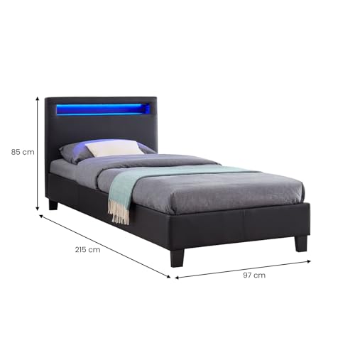 CARO-Möbel Polsterbett Mandalay mit LED Beleuchtung Einzelbett Lederbett 90 x 200 cm mit Lattenrahmen, Lederimitat in schwarz – Bild 3