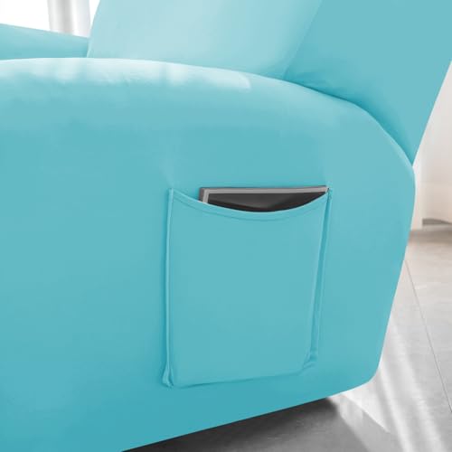 Image of HOKIPO 'SereneSolids' 140 GSM Recliner Stretch Sofa Slipcover 1 Seater Fully Covered 4-Piece Set Machine Washable Furniture Protector with Elasticity for Kids Pet, Sky Blue (AR-4740-SBLU)