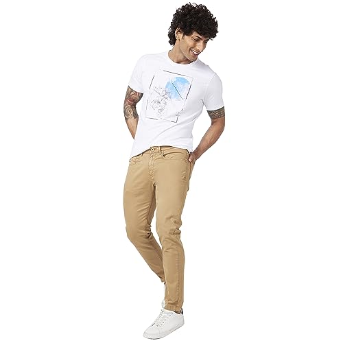 Image of Spykar Men Camel Khaki Cotton Slim Fit Ankle Length Mid Rise Trousers