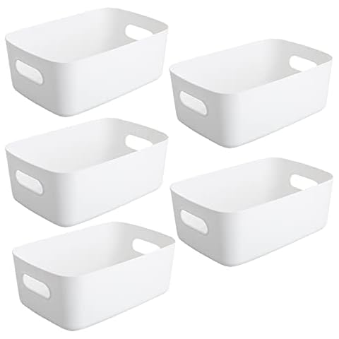 Dproptel Direct 5 Packs Plastic Storage Baskets with Handle - Rectangular Organiser Storage Basket Storage Boxes for Kitchen, Cupboard, Office, School and Home (White) Cover