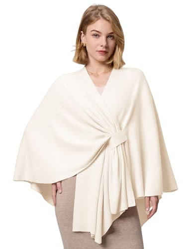 FUGREEN Châle pour femme, grand poncho chaud croisé sur le devant, élégant pour mariage, voyage, automne hiver printemps, blanc ivoire, taille unique