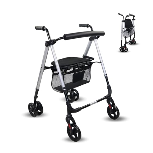 Mobiclinic®, Andador para adultos, Plegable, Ligero, Asiento y cesta xxl, Sujeta bastones, Altura regulable, De aluminio, Marca española, Frenos por presión, Dehesa, Ruedas macizas, Gris perlado