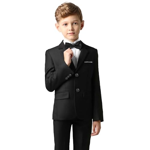 GROZLE Boys Slim Fit Suit, Formal Tuxedo Dress Suit Set for Teenage Boy 5 Pcs Toddler Suits with Suit Jacket Vest and Pants Set Shirt Tie Bowtie Weddings Outfit Graduation Homecoming (Black, 10)