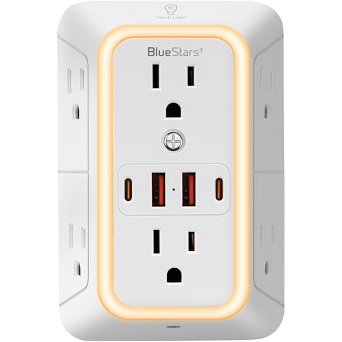Wall Mount Power Strips Wall Charger 6 Outlet Extender 4 USB Ports (5V, 2.4A, 12W) and Night Light...