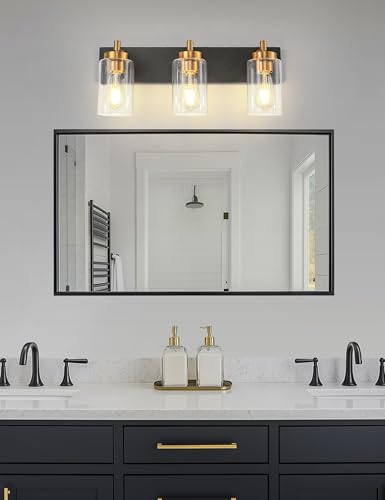 Image of DORESshop 3-Light Black and Gold Bathroom Light Fixtures with Straight Glass Shades, Bathroom Lighting Fixtures Over Mirrors, Modern Wall Sconce Lighting Vanity Light for Bathroom Living Room