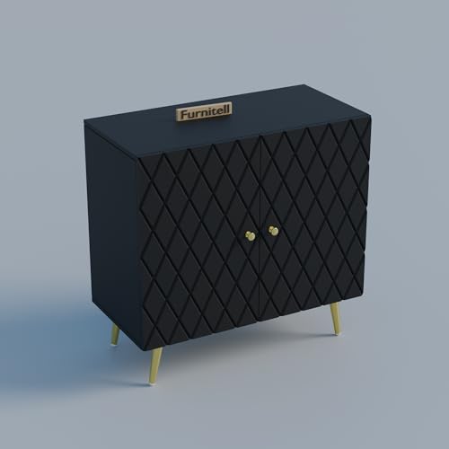 Image of Modern Wooden Storage Cabinet with 2 Doors | Geometric Design Sideboard /Cupboard for Living Room | Multipurpose Organizer for Bedroom & Entryway | HDMR Premium Wood | Gold Metal Legs(Black)