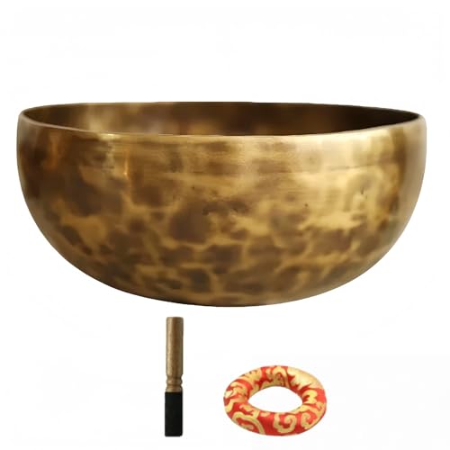 Fay Bless Cuenco tibetano hecho a mano con luna llena de Nepal, cuenco de latón martillado a mano con palo y cojín para meditación, yoga y relajación (12 cm)
