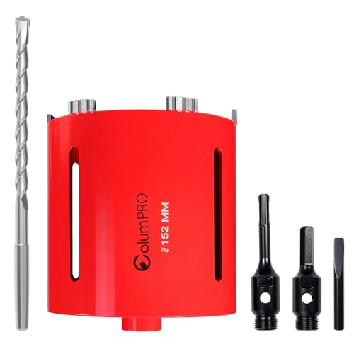 ColumPRO 152mm x 150mm Long Diamond Core Drill Bit Set with Hex Shank Adapter, SDS Adapter, Centre Drill Bit & Quick-Release Pin, Ideal for Masonry, Concrete & Other Brick, Choice of Construction Site