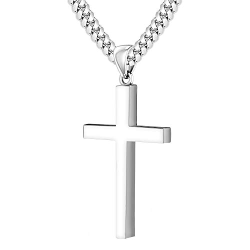 US Jewels Men's XL 925 Sterling Silver 2in Christian Cross Pendant Necklace, 22in to 26in