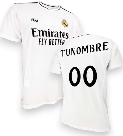 Real Madrid - Camiseta Replica Oficial con Licencia - Primera equipacion - Temporada 2024/2025 - Adulto - Personalizable (FR/ES, Letras, XXL, Regular, Regular, Blanco)