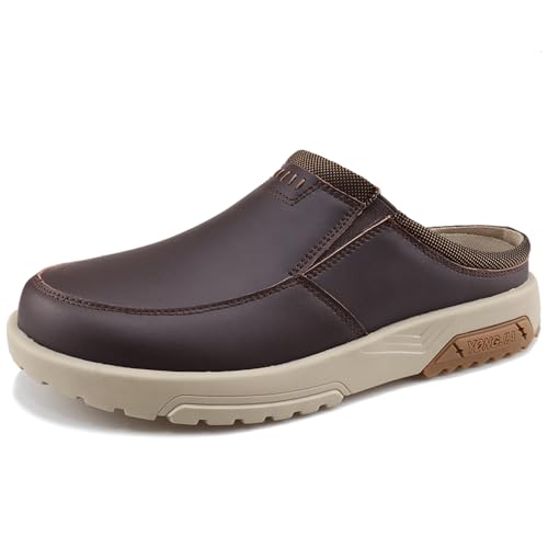 YONGJIA Men's Slip On Loafers Leather Orthopedic Slippers Casual Arch Support Plantar Fasciitis Lightweight Indoor Outdoor House Shoes Dark Brown 42 by YONGJIA - Used condition - US$45.99