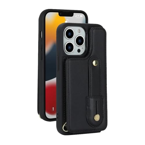Housse iPhone 15 portefeuille anti-chute avec lanière amovible noire SY-wandai