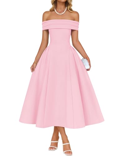 Image of ZESICA Summer 2026 Cocktail Dresses for Women's Off Shoulder Short Sleeve Swing A Line Wedding Evening Party Midi Dress