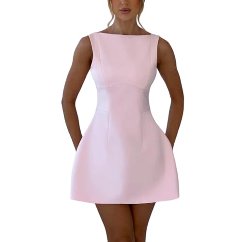 Image of JUMISEE Women's Sleeveless Formal Mini Dress Elegant Backless A Line Tank Dress Bodycon Short Dresses for Office Work Party Pink