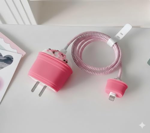 Image of skysia Charger Protector Case - 4-in-1 Silicone Cable Protector Set, Cute 3D Design, Multi-Color Combo for iPhone 18W-20W Adapters & Lightning Cables (StrBks Pink & Brown, Pack of 2)
