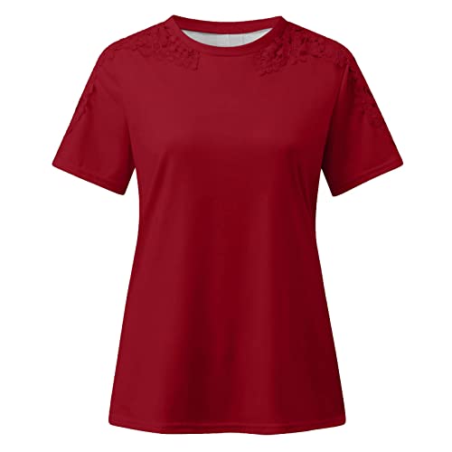 Cotton Tshirts For Women, Women's Summer Tops Womens Tee Shirts Women's Fashion Lace Hollow Solid Colour Round Neck Short Sleeve T-Shirttop Long Shirts For Women Tshirts For Women(Red,Medium) #TOP2