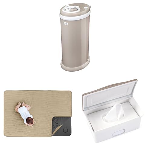 Bundle of Ubbi Stainless Steel Diaper Pail, No Special Bag Required + Padded Play Floor Mat for Babies and Toddlers, Machine Washable + Wipes Dispenser with Weighted Plate and Secure Seal, Taupe