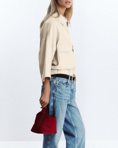 Locachy Women's Casual Lapel Zip Up Jacket Lightweight 3/4 Sleeve Shirts Blouses Tops with Pockets3