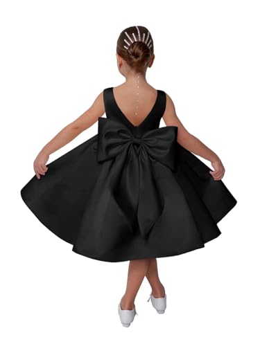 Satin Flower Girl Dress for Wedding Kids Sleeveless V-Back Long Princess Pageant Party Dresses Bowknot Prom Ball Gowns
