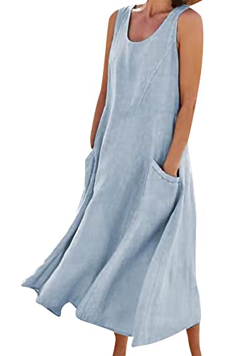 Yming Frauen Baumwolle Und Leinen Kleid Sommer Ärmelloses Casual Plain Maxi Kleider Blau L
