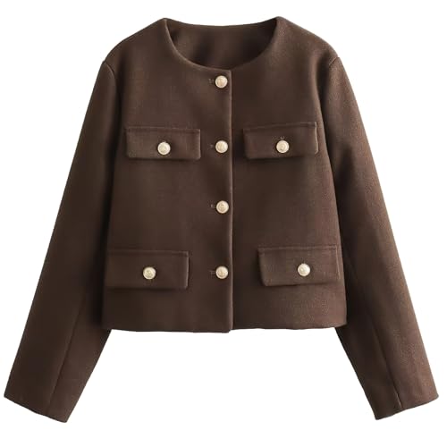 ebossy Women's Button Down Petite Blazer Jacket Long Sleeve Slim Coat Crop Top with Flap Pocket