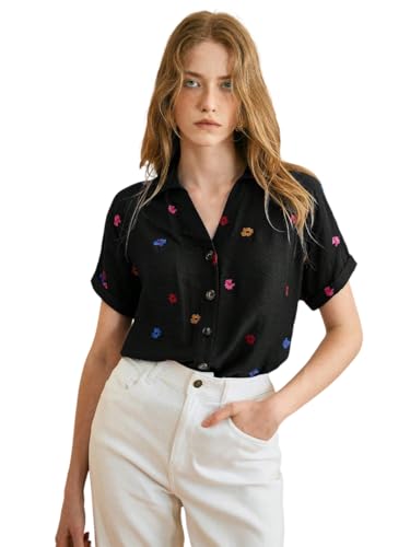 Image of Women's Floral Embroidered Shirt | Elegant Short Sleeve Shirts for Casual & Office Wear | Stylish Summer Button-Down Shirt for Girls & Women