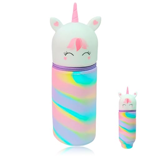 NHQ Trousse Scolaire Licorne en Silicone Souple Kawaii 2 en 1, Fermeture Eclair, Porte-Plume, Sac Rangement Papeterie