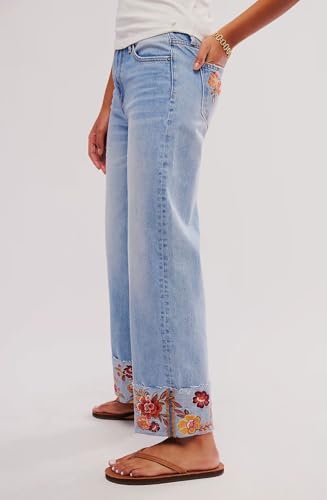 loveimgs Women Y2k Baggy Jeans Floral Embroidered Denim Pants High Waist Straight Wide Leg Ankle Pants Boho Chambray Pockets4