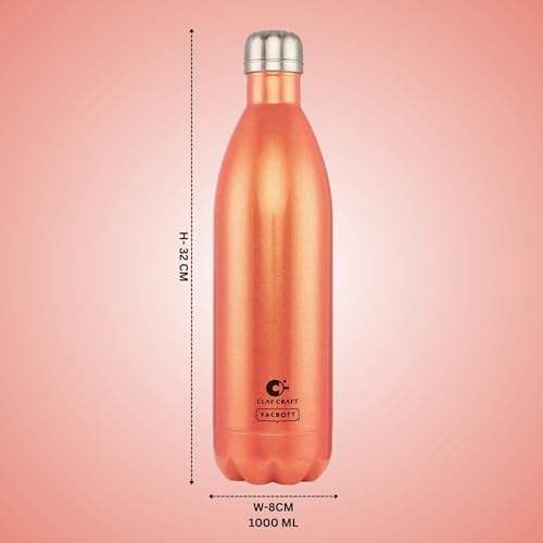 Image of Clay Craft Vacbott Stark Sparkle Double Walled|18 Hours Hot and 24 Hours| Cold Water Bottle Vacuum Insulated Flask Bottle|1000 ml, 2 Piece, Water Bottles for School, Home, Gym, Leakproof