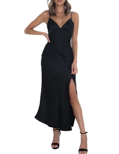 Image of Summer Satin V Neck Silp Midi Dress for Women Wedding Guest 2026 Sexy Spaghetti Strap Backless Long Dresses with Slit | Silk,Spaghetti Strap,Sleeveless,Sexy,Long,Split,Cocktail,Bridesmaid,Slip,Open Back,Birthday,Elegant,Vacation,Gift,Black