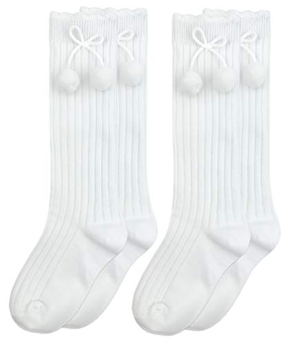 Jefferies Socks Girls Pom Pom Bow School Uniform Knee High Socks 2 Pair Pack