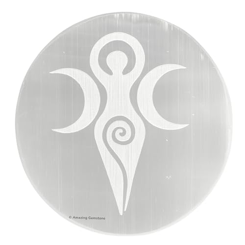 Amazing Gemstone Selenite Crystal Charging Plate for Crystals and Healing Stones, 4' Selenite Crystal Plate Engraved Goddess Moon Coaster for Home, Office Table Decor (Selenite Round Disc)