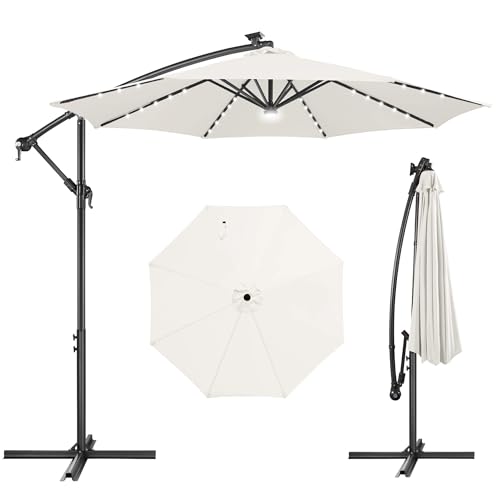 Image of Solar Offset Patio Umbrella - 10 FT Solar Cantilever Umbrella Outdoor with 40 LED Lights and Cross Base, UV Protection for Garden, Deck, Backyard, Pool, Porch, Ivory