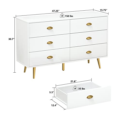 LYNSOM White Dresser, Modern 6 Drawer Double Dresser with Gold Pulls, Wood Horizontal Dresser